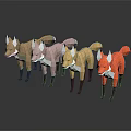 Polygonal Fox Models In Various Colors Standing On Reflective Background 3d model