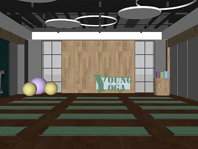 Young Yoga Studio With Green Mats Colorful Balls And Wooden Backdrop For Fitness 3d model
