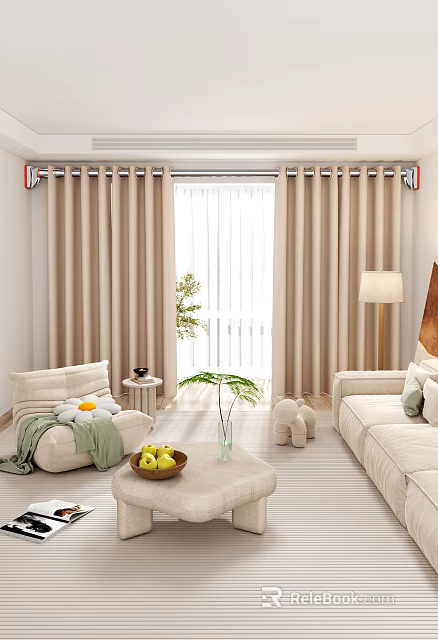 Beige Sofa And Coffee Table Set With Curtains Window Green Plant Floor Lamp And Stuffed Toys 3d model 
