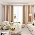 Beige Sofa And Coffee Table Set With Curtains Window Green Plant Floor Lamp And Stuffed Toys