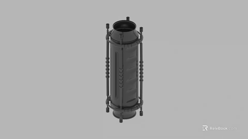 Black Industrial Cylindrical Structure With Spiral Patterns And Support Brackets 3d model 