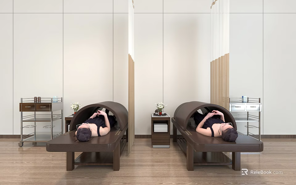 Two Massage Beds in Modern SPA Room with People Relaxing and Side Tables 3d model 