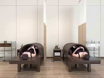 Two Massage Beds in Modern SPA Room with People Relaxing and Side Tables 3d model
