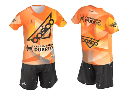 Orange And Black Short Sleeved Sport Outfit With OOSCO Logo And Corrientes Puerto Athletes Text 3d model