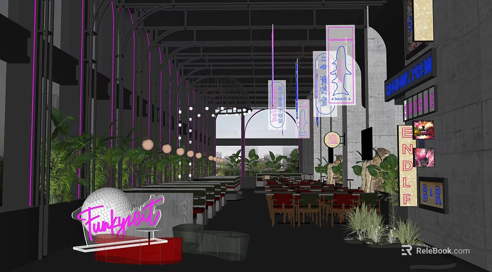 Funkytown Restaurant Interior With Purple Decor Hanging Signs Green Plants And Red Green Chairs 3d model 