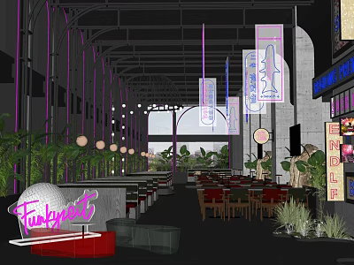 Funkytown Restaurant Interior With Purple Decor Hanging Signs Green Plants And Red Green Chairs 3d model