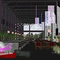 Funkytown Restaurant Interior With Purple Decor Hanging Signs Green Plants And Red Green Chairs