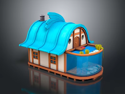 Cartoon Style House With Blue Wave Roof White Walls Brown Door And Small Pool With Plants 3d model