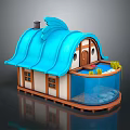 Cartoon Style House With Blue Wave Roof White Walls Brown Door And Small Pool With Plants