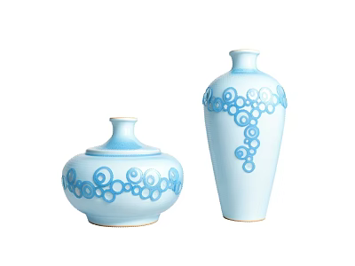 Light Blue Ceramic Vessels with Spiral Patterns Lidded Jar and Tall Vase on White Background 3d model