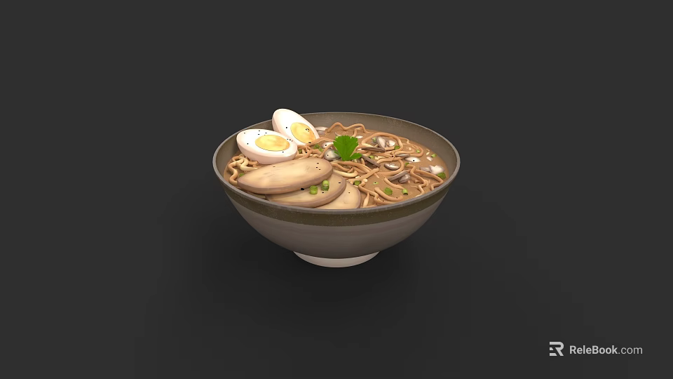 Warm Noodle Soup Bowl With Boiled Egg Fresh Mushrooms And Cilantro 3d model 