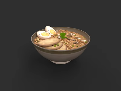 Warm Noodle Soup Bowl With Boiled Egg Fresh Mushrooms And Cilantro 3d model