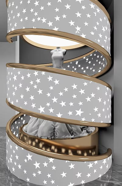 Spiral Display Rack With Golden Frame Gray Panel White Stars And Mannequin For Clothes 3d model