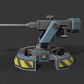 Mechanical Turret Weapon With Gray Blue Structure And Yellow Warning Stripes On Base