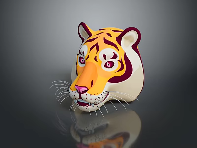 Colorful Cartoon Tiger Head With Yellow Purple White Fur Whiskers Gray Background And Reflection 3d model