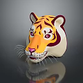 Colorful Cartoon Tiger Head With Yellow Purple White Fur Whiskers Gray Background And Reflection