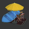 Outdoor Table with Yellow Umbrella Blue Boat and Chairs on Patio Mat 3d model