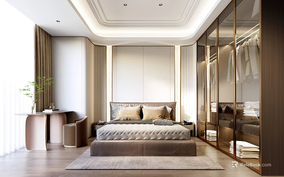 Modern Bedroom Interior Design With King Size Bed Beige Bedding And Glass Wardrobe 3d model 