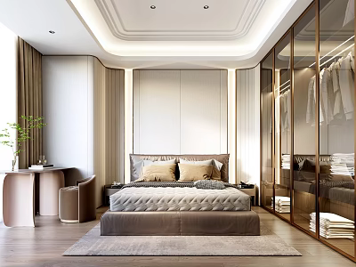 Modern Bedroom Interior Design With King Size Bed Beige Bedding And Glass Wardrobe 3d model