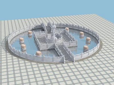 Circular Garden Ornament With Central Statue Water Feature Decorative Pillars And Small Bridge 3d model
