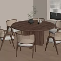 Round Wooden Dining Table With Wicker Chairs And Vase In Modern Room With Blinds