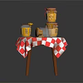 Small Wooden Table With Red And White Checkered Cloth And Stacked Honey Jars