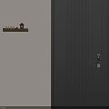 Dark Brown Vertical Striped Security Door With Metal Handle And Minimalist Wall