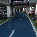 Modern Garage Interior With Blue Floor Directional Arrows Parked Cars And White Pillars