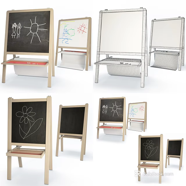 Wooden Kids Chalkboard Wall Hangings With Storage Basket Different Sizes And Simple Drawings 3d model 