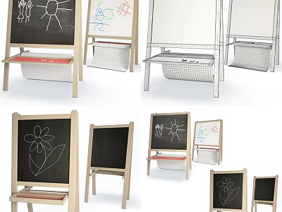 Wooden Kids Chalkboard Wall Hangings With Storage Basket Different Sizes And Simple Drawings 3d model
