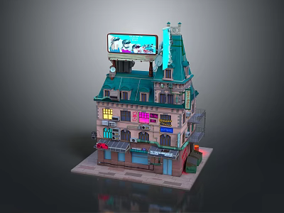 Cartoon Style Multi Story Building with Shop Front Billboard and Illuminated Windows 3d model