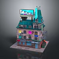 Cartoon Style Multi Story Building with Shop Front Billboard and Illuminated Windows