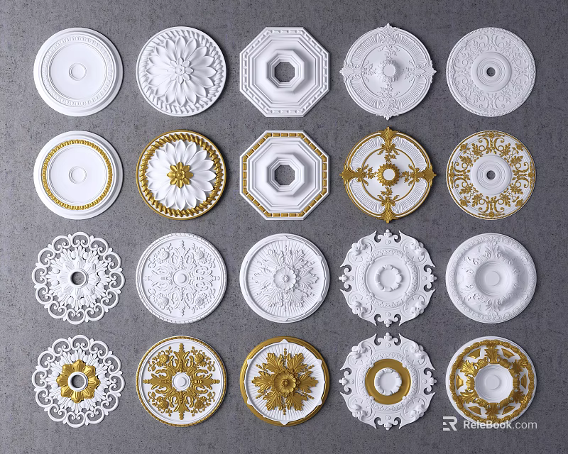 Ceiling Medallions With Various Decorative Designs White Gold Ornate Patterns Different Shapes 3d model 