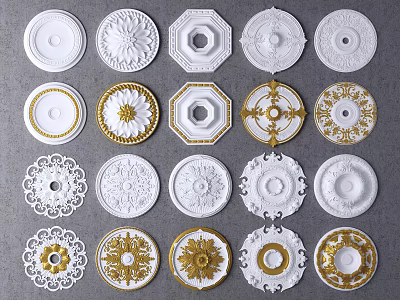 Ceiling Medallions With Various Decorative Designs White Gold Ornate Patterns Different Shapes 3d model