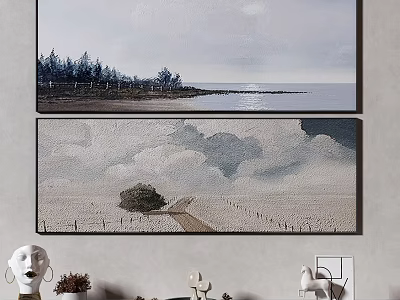 Scenic Wall Art Decor with Seascape and Landscape Paintings and Decorative Sculptures 3d model