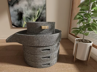 Contemporary Exhibition Hall Featuring Spiral Gray Structure Green Plant And Artwork 3d model
