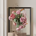 Pink Peonies in Glass Vase on Square Pedestal with Decorative Painting and Natural Light