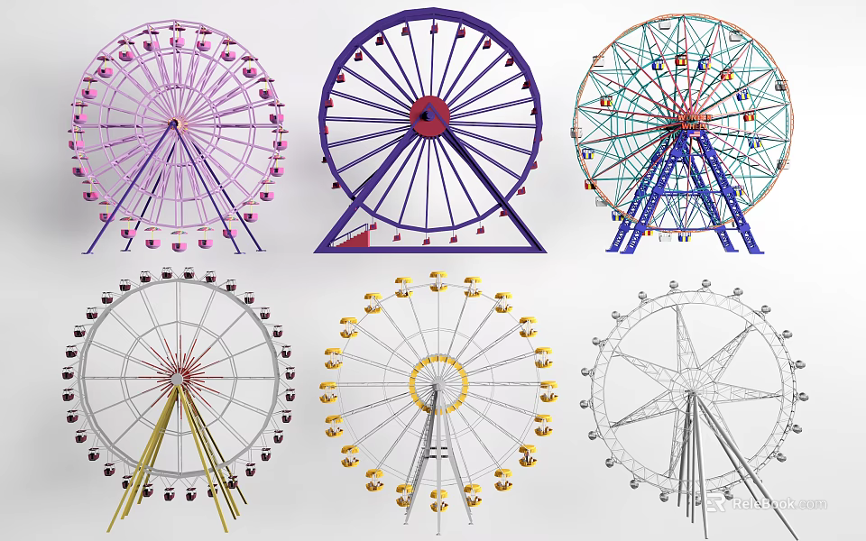 Colorful Ferris Wheels Amusement Rides With Various Designs And Different Styles 3d model 
