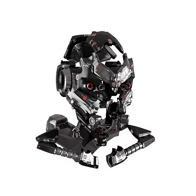Futuristic Sci-Fi Scene Featuring Robot Head With Intricate Mechanical Parts And Red Accents 3d model