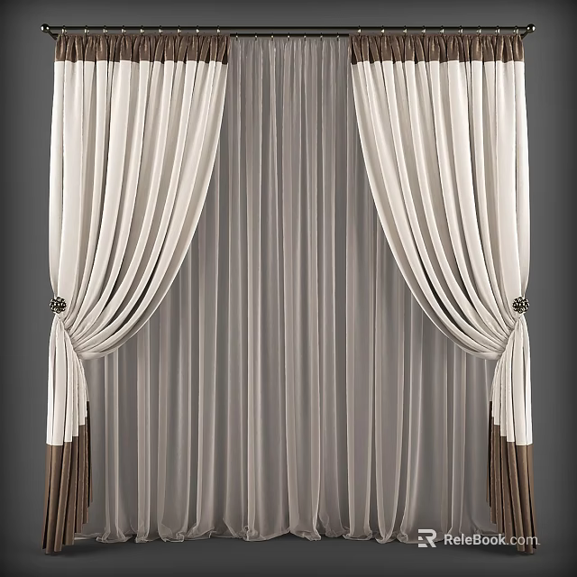 Elegant Off White Double Layer Curtains With Sheer Inner Brown Bottom Trim And Tiebacks 3d model
