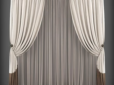 Elegant Off White Double Layer Curtains With Sheer Inner Brown Bottom Trim And Tiebacks 3d model