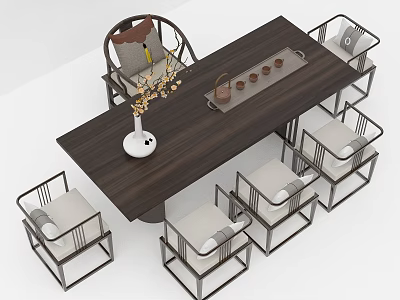 Chinese Style Dark Wood Tea Table And Chairs With Tea Set And Decorative Vase 3d model