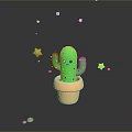 Adorable Green Cactus in Terracotta Pot with Star Decorations on Dark Background