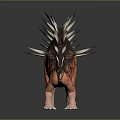 Stegosaurus Dinosaur With Red Brown Body Black Spots And White Spikes On Dark Background