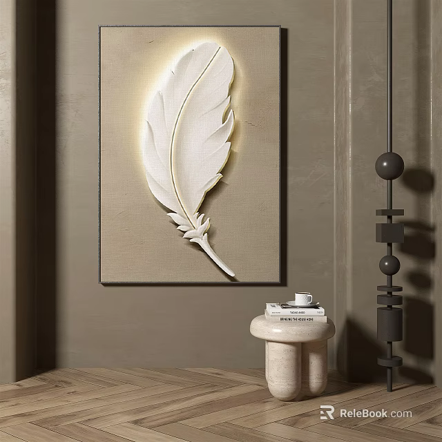 Illuminated White Feather Decor On Beige Wall With Small Round Table And Black Pendant 3d model 