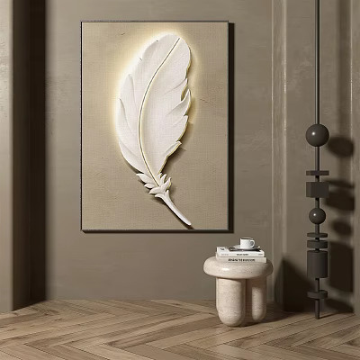 Illuminated White Feather Decor On Beige Wall With Small Round Table And Black Pendant 3d model