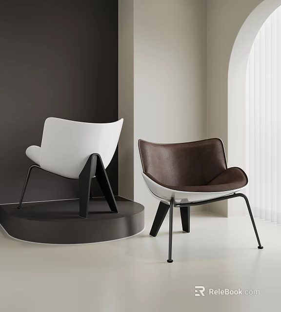 Modern White and Brown Leisure Chairs with Black Metal Legs in Minimalist Interior 3d model 