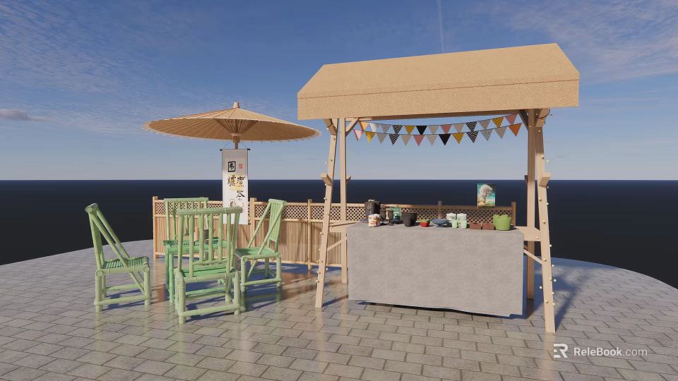 Outdoor Interactive Area With Beige Canopy Bunting Flags Green Chairs And Ocean View 3d model 