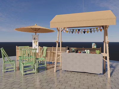 Outdoor Interactive Area With Beige Canopy Bunting Flags Green Chairs And Ocean View 3d model