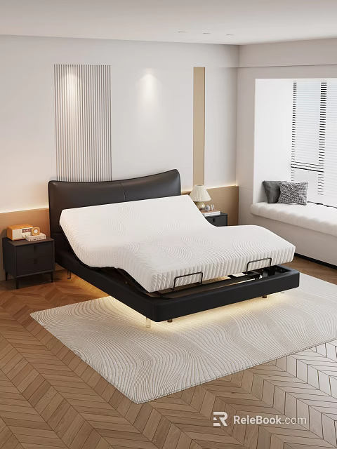 Modern Double Bed With Black Leather Headboard White Mattress And Nightstand Lamp 3d model 